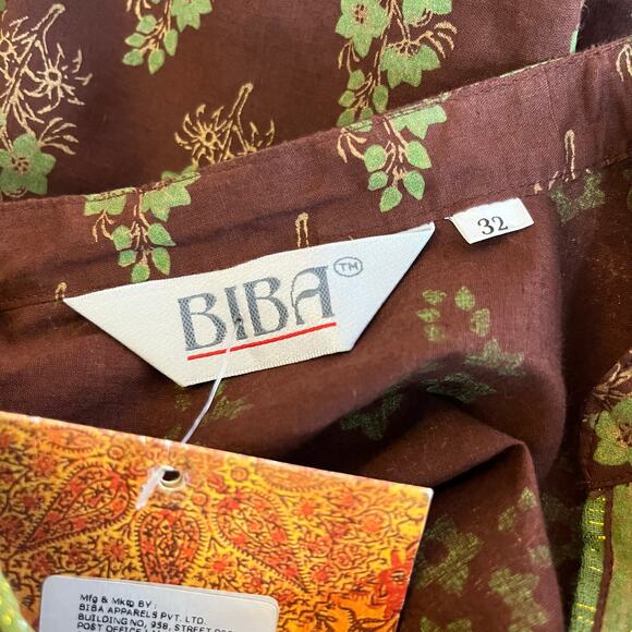 Biba Brown Floral Indian Tunic Top 100% Cotton Split V-Neck 32/US 0-2 NWT - Picture 3 of 14